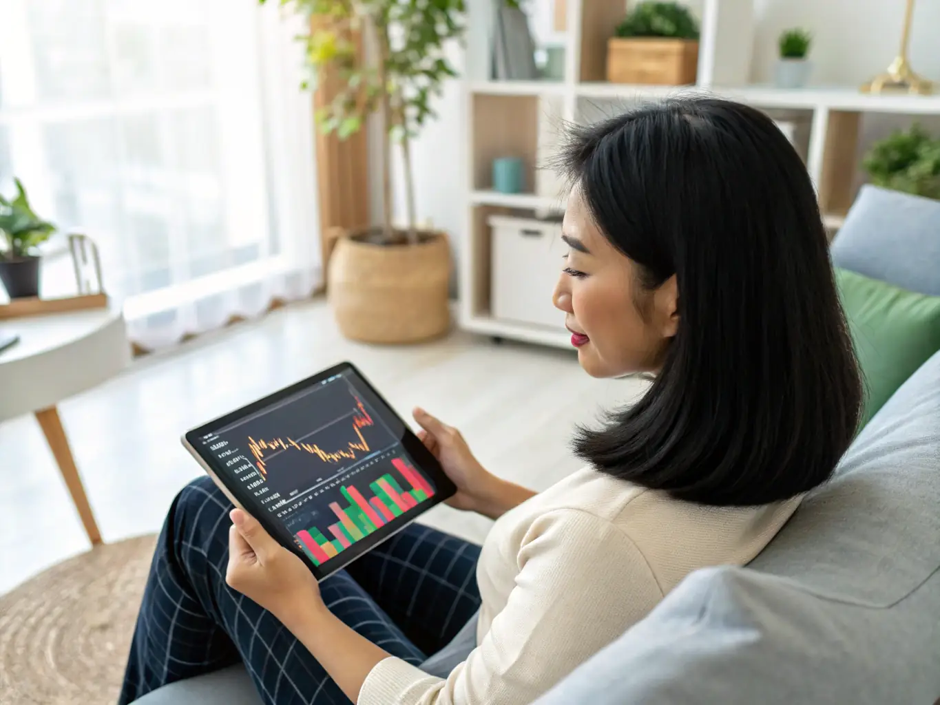 An image showing a person happily using the Trade Republic app on their smartphone, with a background suggesting financial growth and success.